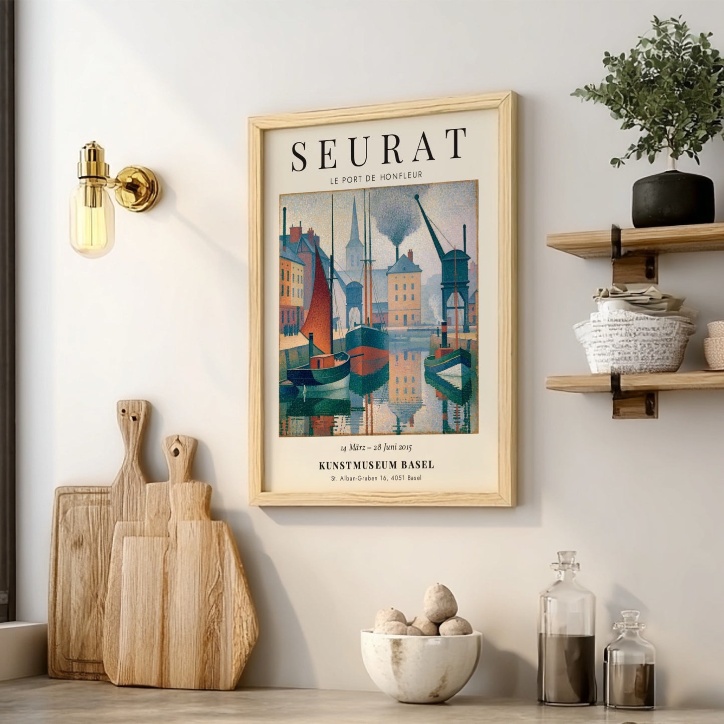 Seurat exhibition poster featuring Le Port de Honfleur with boats and buildings in soft colors