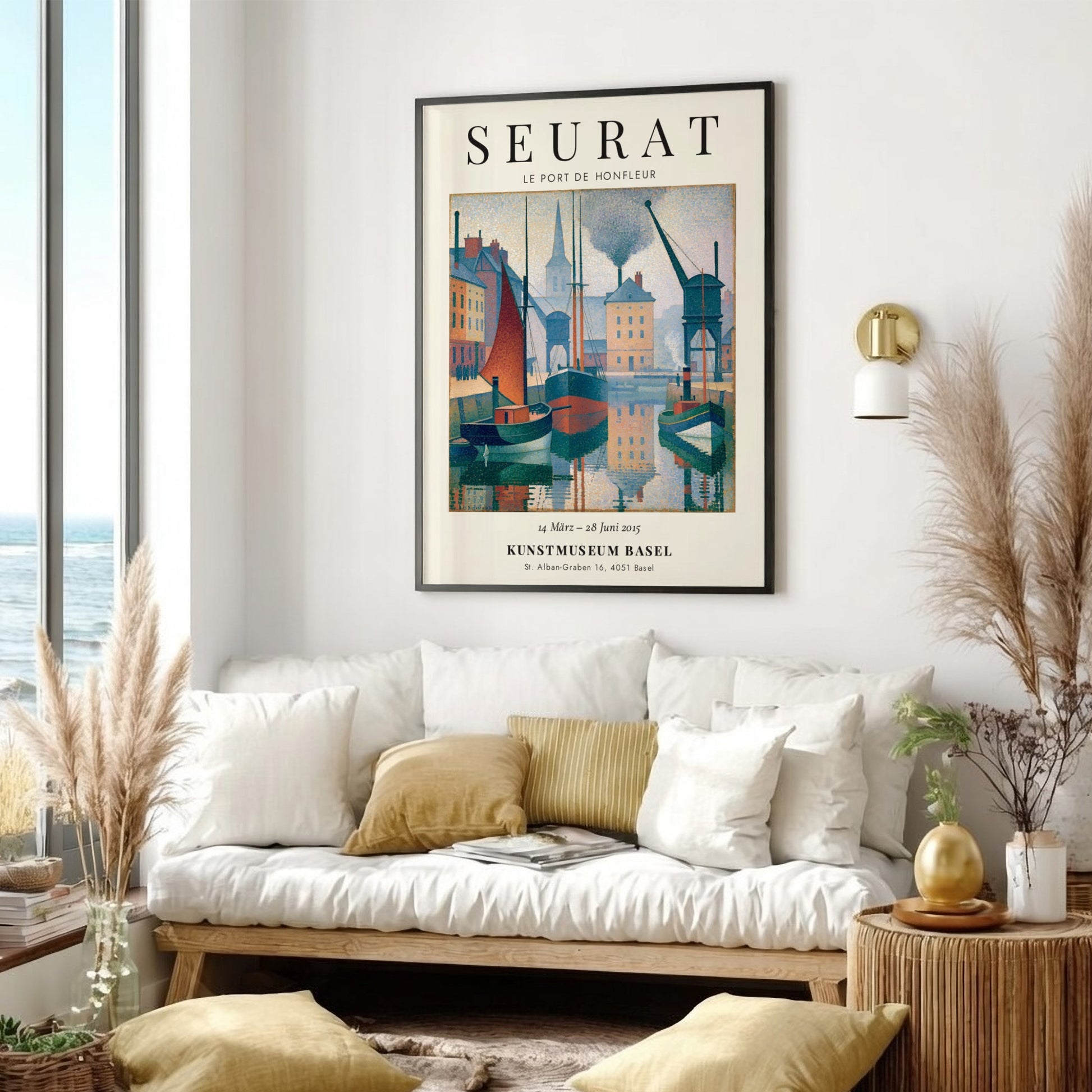 Seurat exhibition poster featuring Le Port de Honfleur with boats and buildings in soft colors