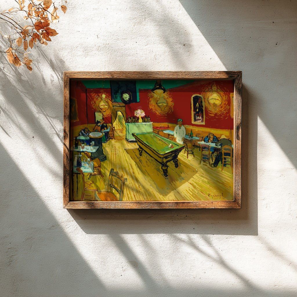 Le café de nuit poster featuring vibrant colors and Van Gogh's expressive style, perfect for wall decor.