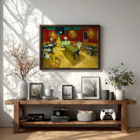 Le café de nuit poster featuring vibrant colors and Van Gogh's expressive style, perfect for wall decor.