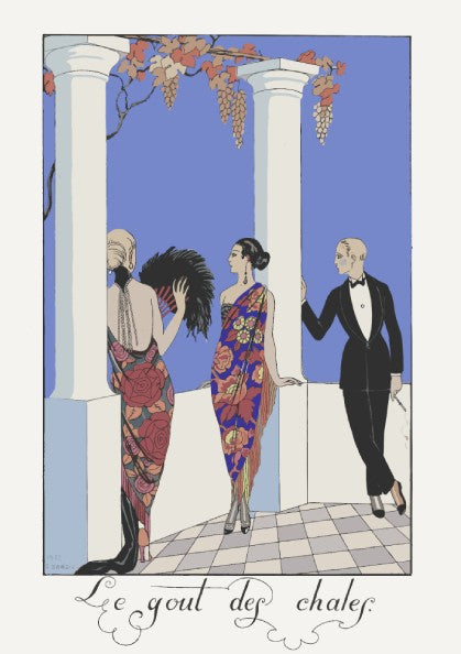 Le gout des chales poster by George Barbier, featuring Art Nouveau style with women in floral dresses and a