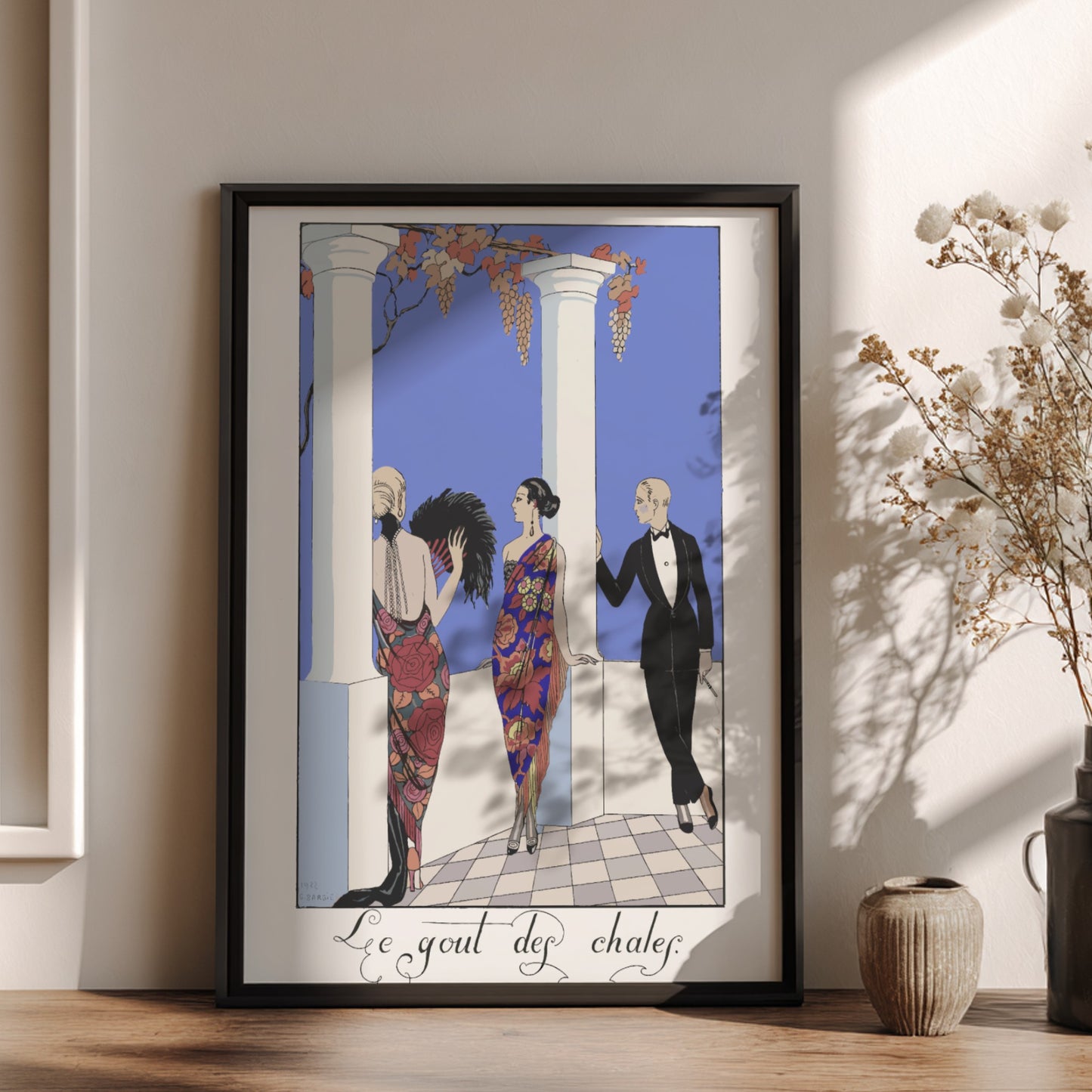Le gout des chales poster by George Barbier, featuring Art Nouveau style with women in floral dresses and a