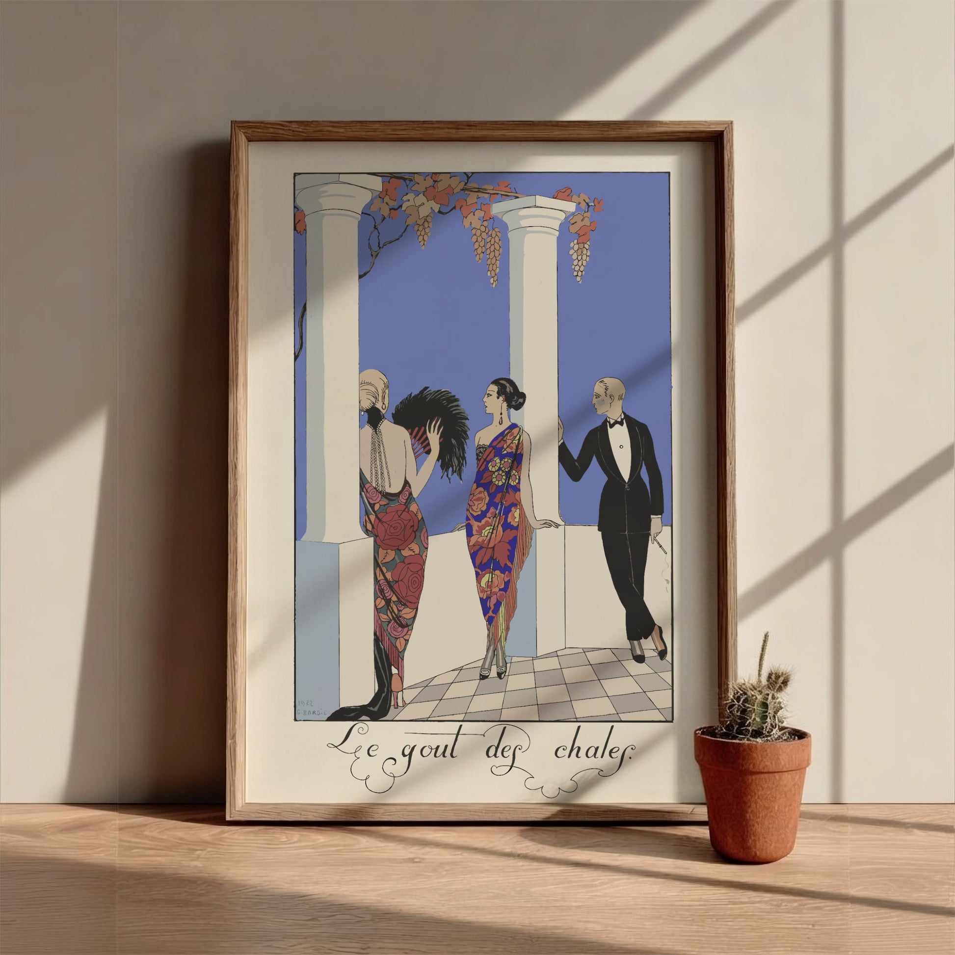 Le gout des chales poster by George Barbier, featuring Art Nouveau style with women in floral dresses and a