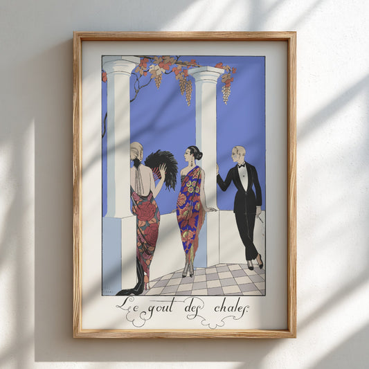 Le gout des chales poster by George Barbier, featuring Art Nouveau style with women in floral dresses and a