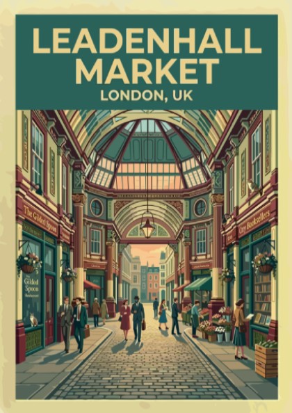 Leadenhall Market travel poster featuring vintage architecture and vibrant colors