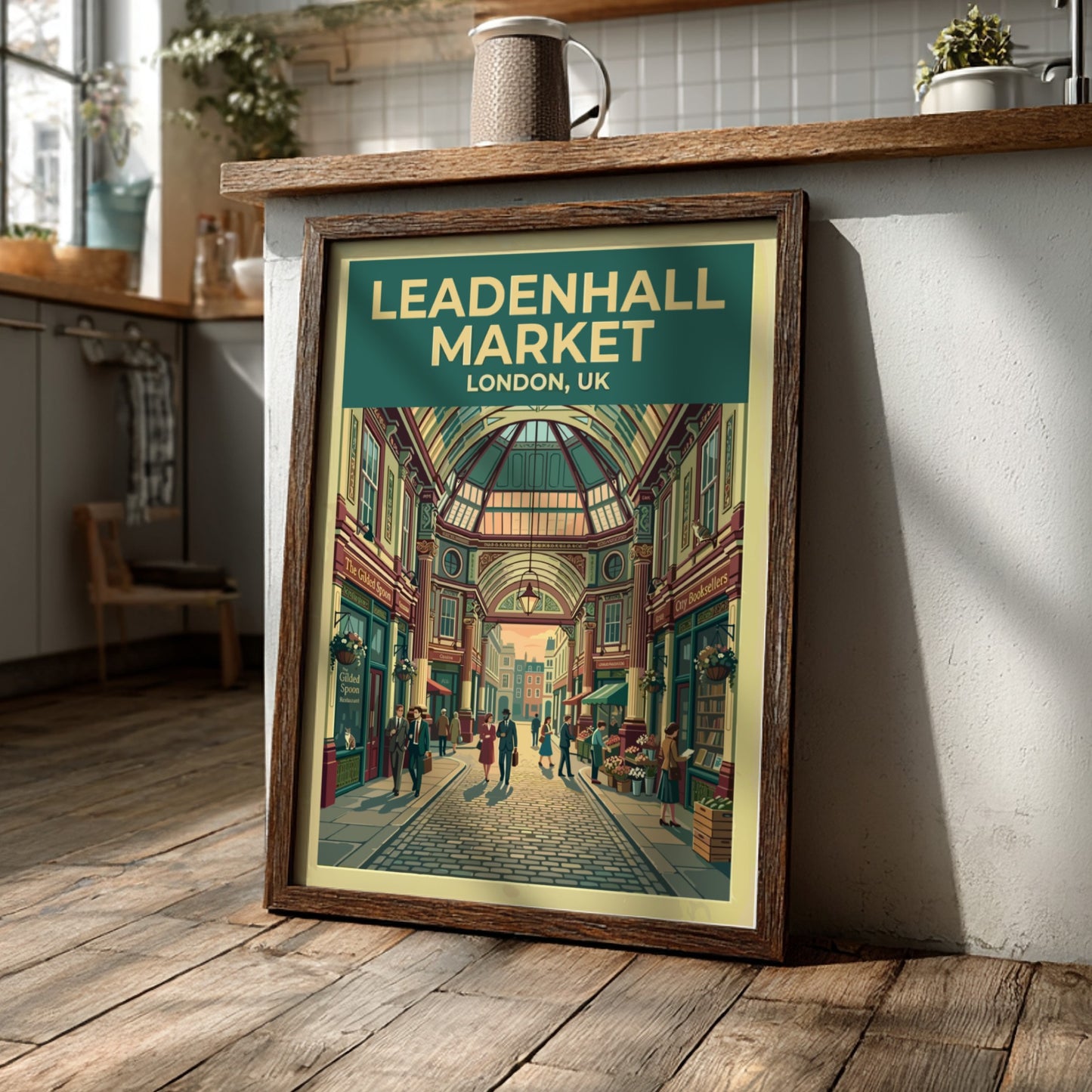 Leadenhall Market travel poster featuring vintage architecture and vibrant colors