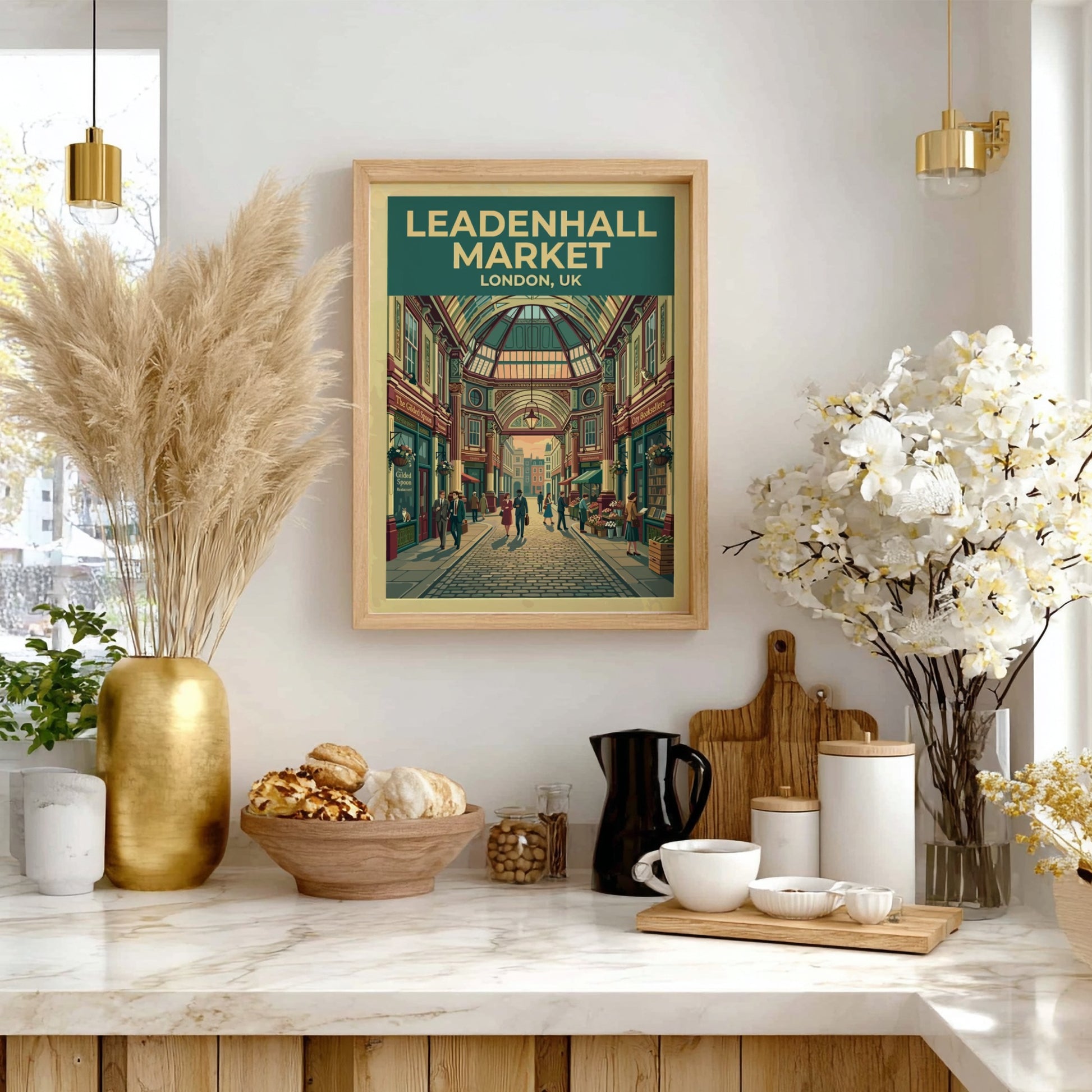 Leadenhall Market travel poster featuring vintage architecture and vibrant colors