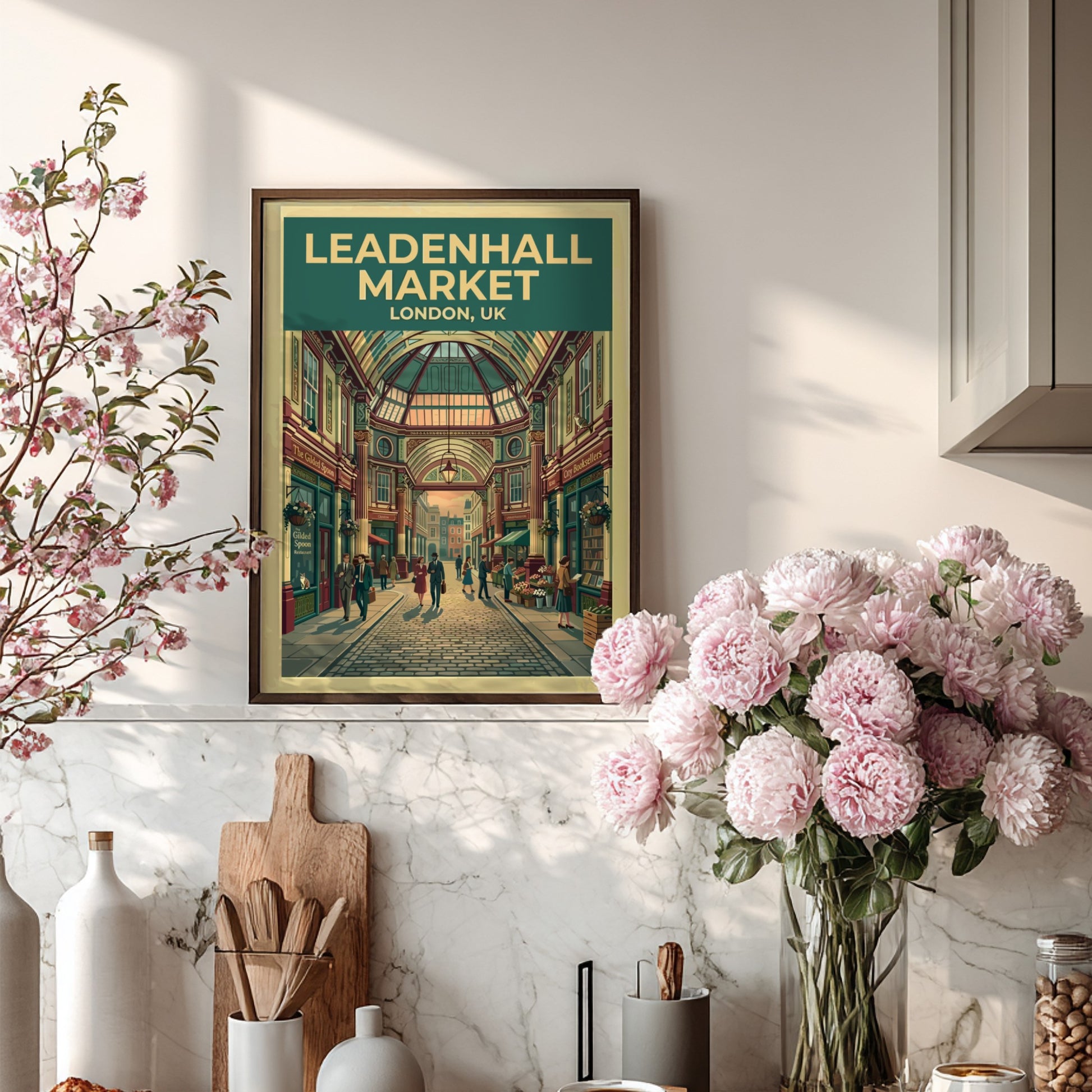 Leadenhall Market travel poster featuring vintage architecture and vibrant colors