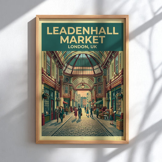 Leadenhall Market travel poster featuring vintage architecture and vibrant colors