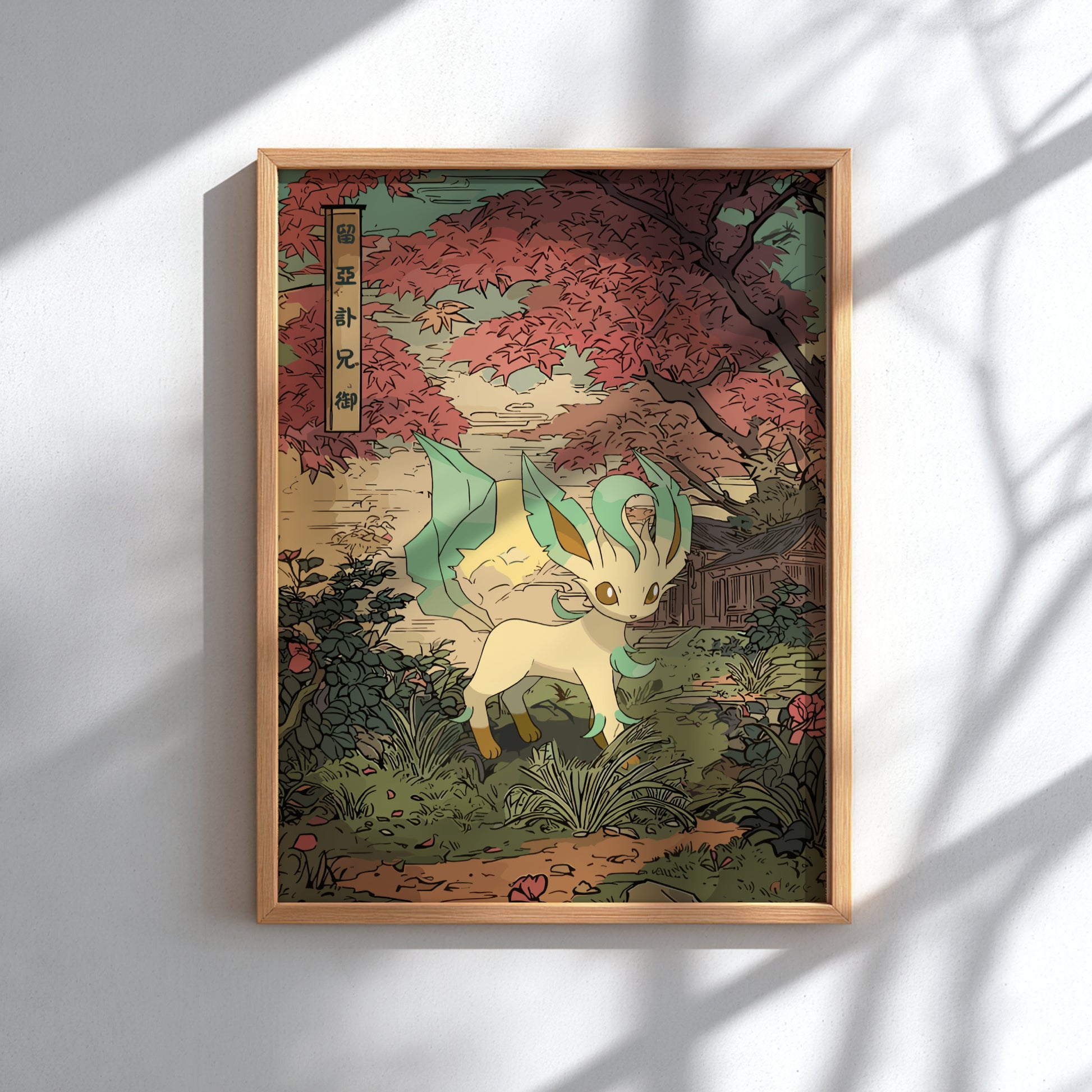 Framed artwork of Leafeon Pokemon in a Japanese-style garden with cherry blossoms.