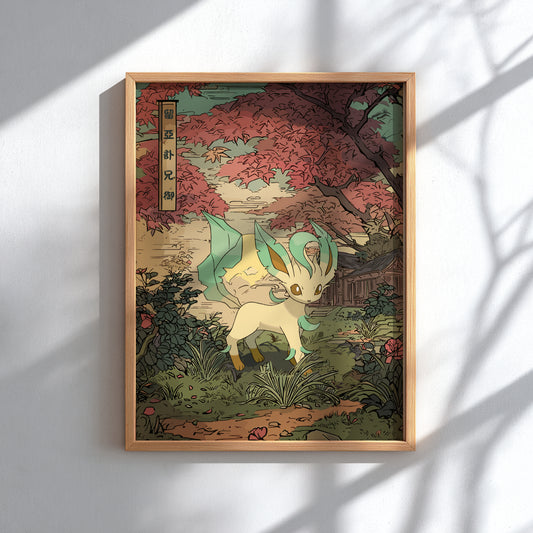 Framed artwork of Leafeon Pokemon in a Japanese-style garden with cherry blossoms.
