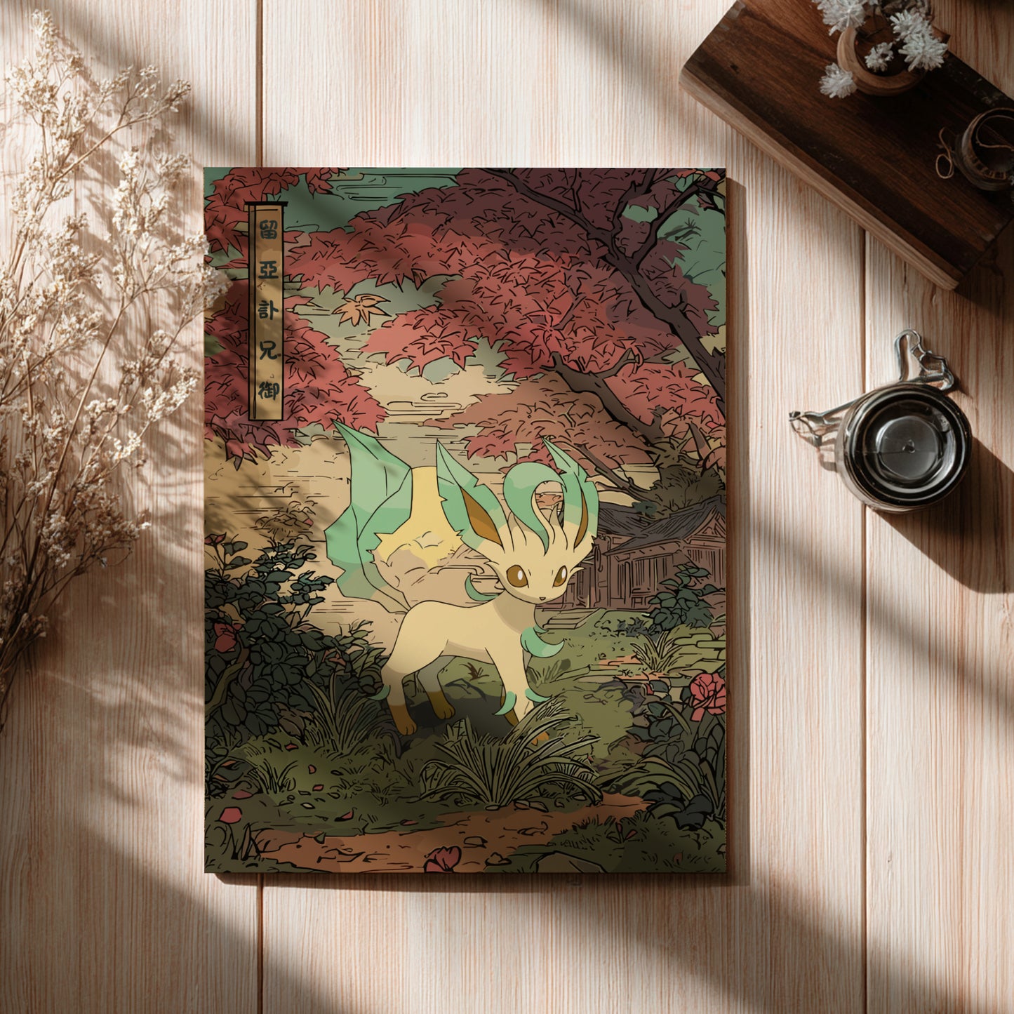 Poster with a colorful illustration of Leafeon Pokemon in a forest setting on a wooden surface.