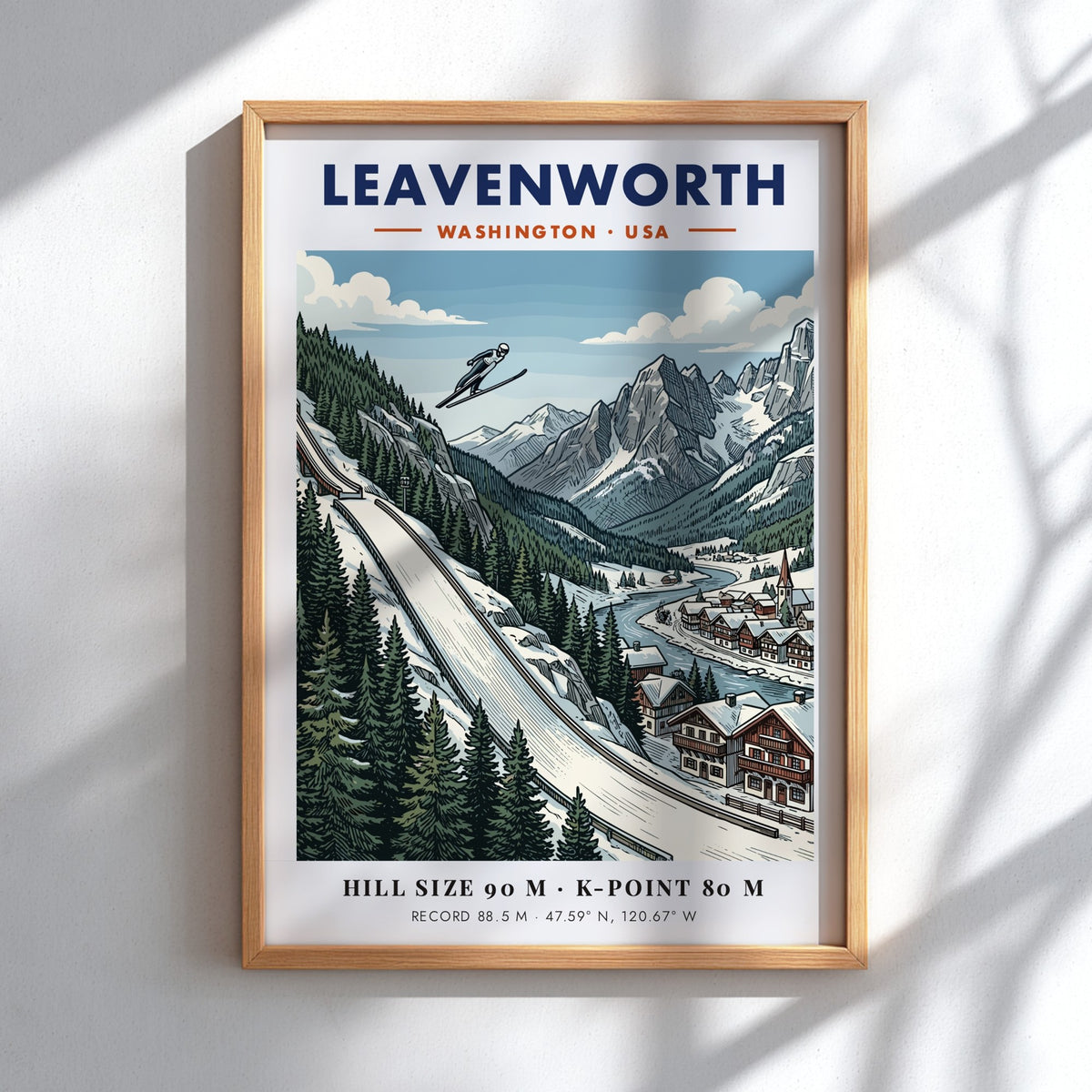 Poster of a ski jumper in Leavenworth Washington with snowy mountains and village