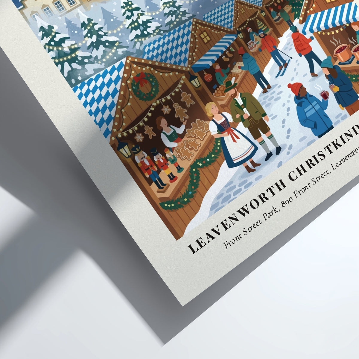 Poster of a festive Leavenworth Christkindlmarkt scene with timber buildings, snow-covered mountains, and
