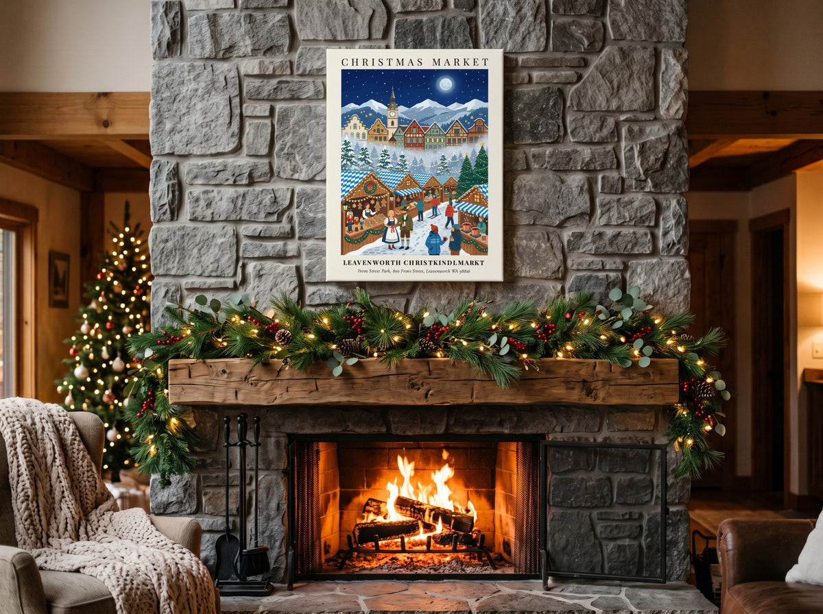 Poster of a festive Leavenworth Christkindlmarkt scene with timber buildings, snow-covered mountains, and
