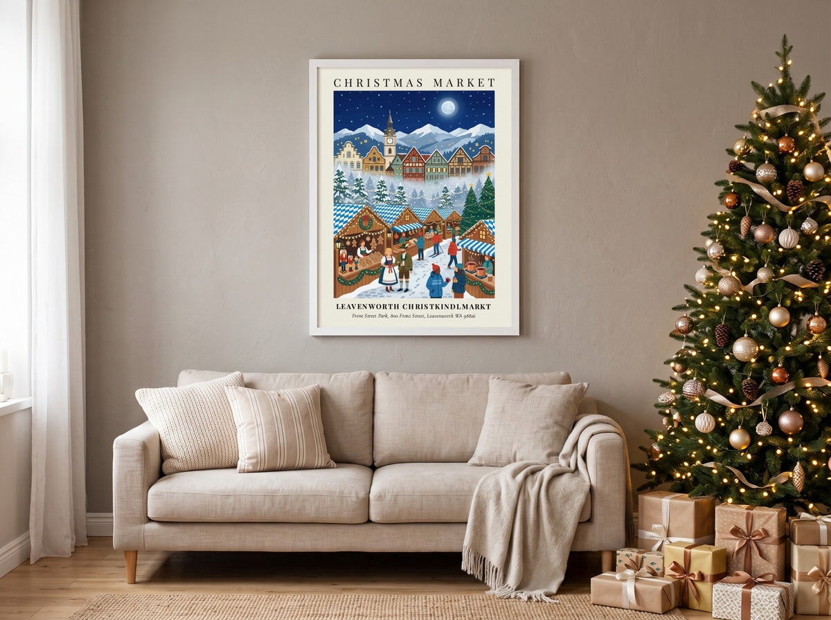 Poster of a festive Leavenworth Christkindlmarkt scene with timber buildings, snow-covered mountains, and
