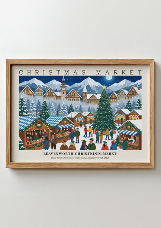 Poster of a festive Leavenworth Christkindlmarkt featuring snowy mountains and glowing market stalls.