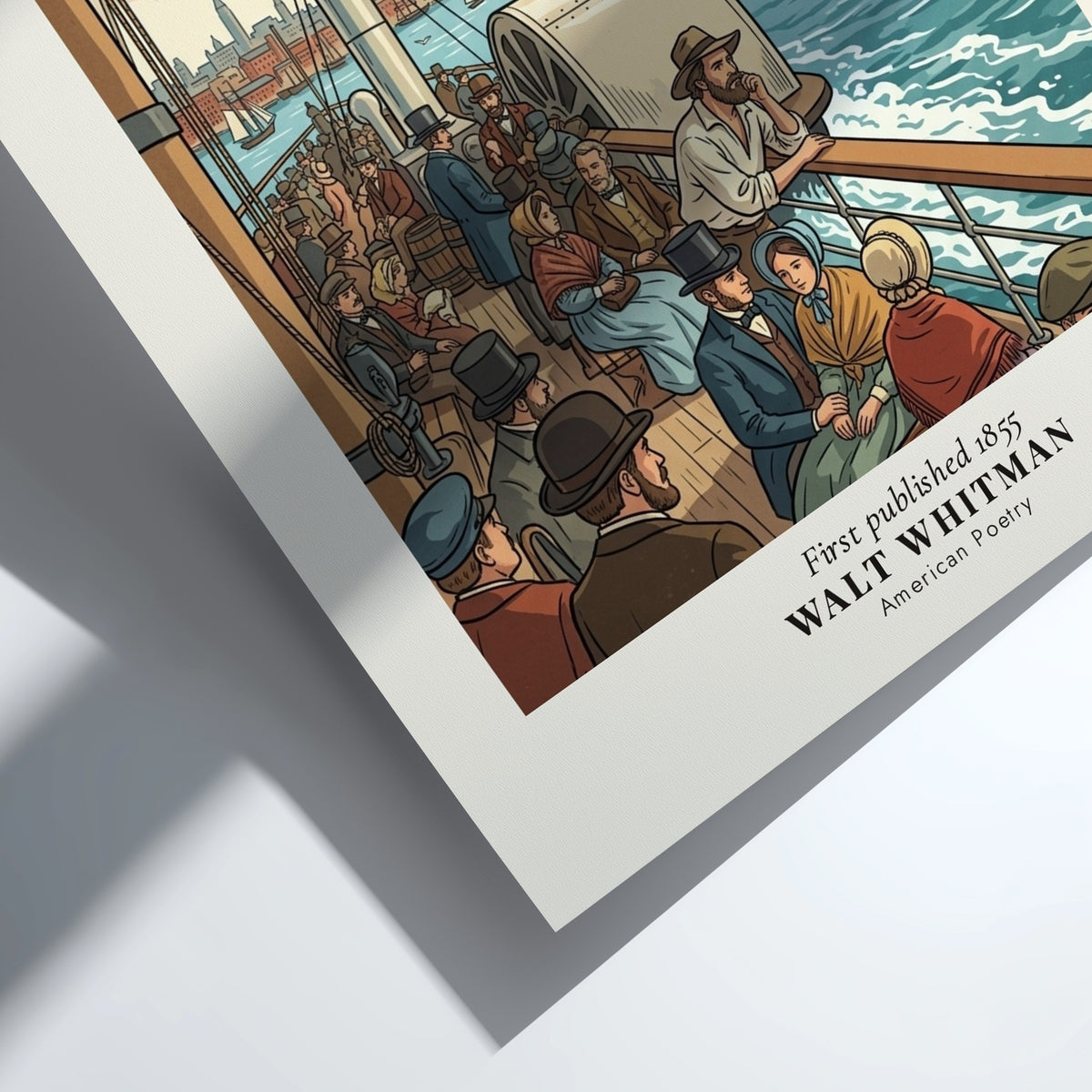 Poster featuring Walt Whitman Leaves of Grass text over a vintage harbor scene illustration.