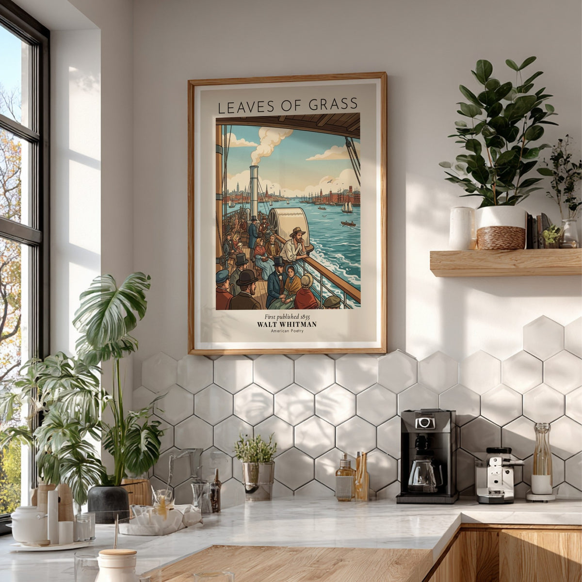 Poster featuring Walt Whitman Leaves of Grass text over a vintage harbor scene illustration.