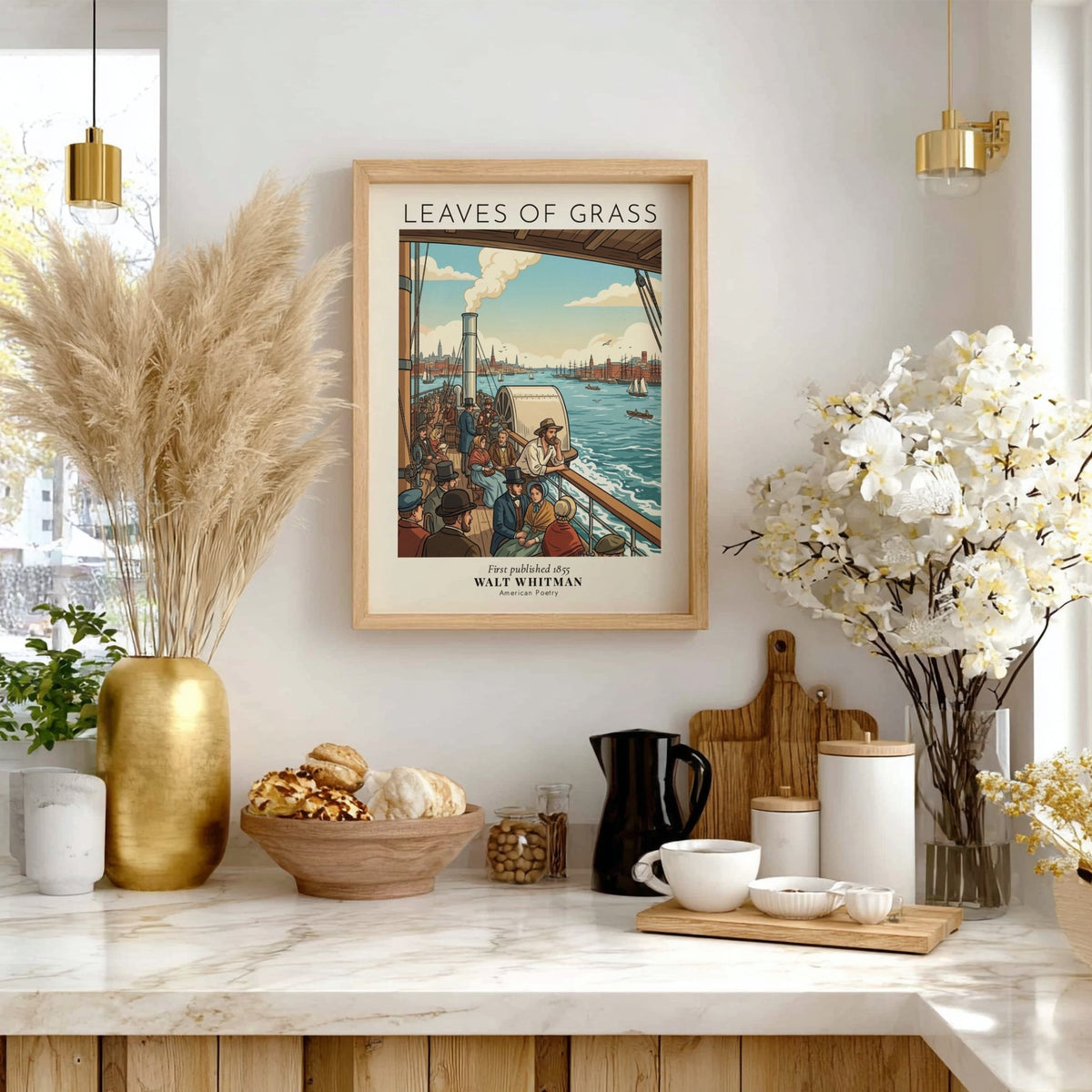 Poster featuring Walt Whitman Leaves of Grass text over a vintage harbor scene illustration.