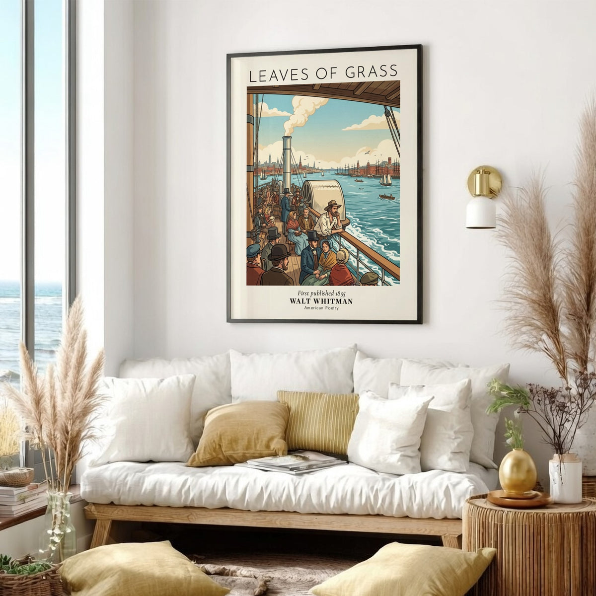 Poster featuring Walt Whitman Leaves of Grass text over a vintage harbor scene illustration.