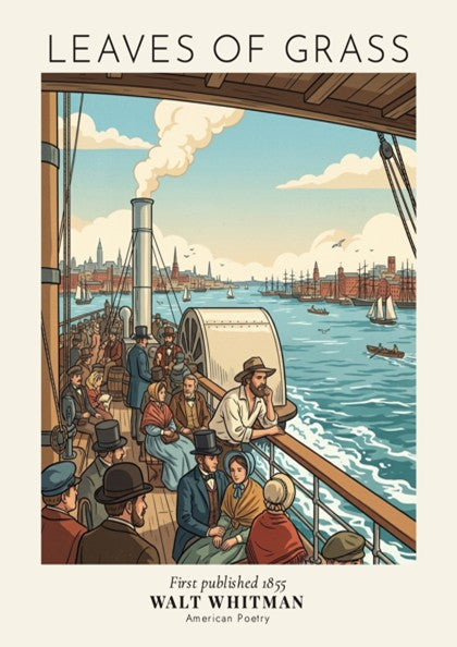 Poster featuring Walt Whitman Leaves of Grass text over a vintage harbor scene illustration.
