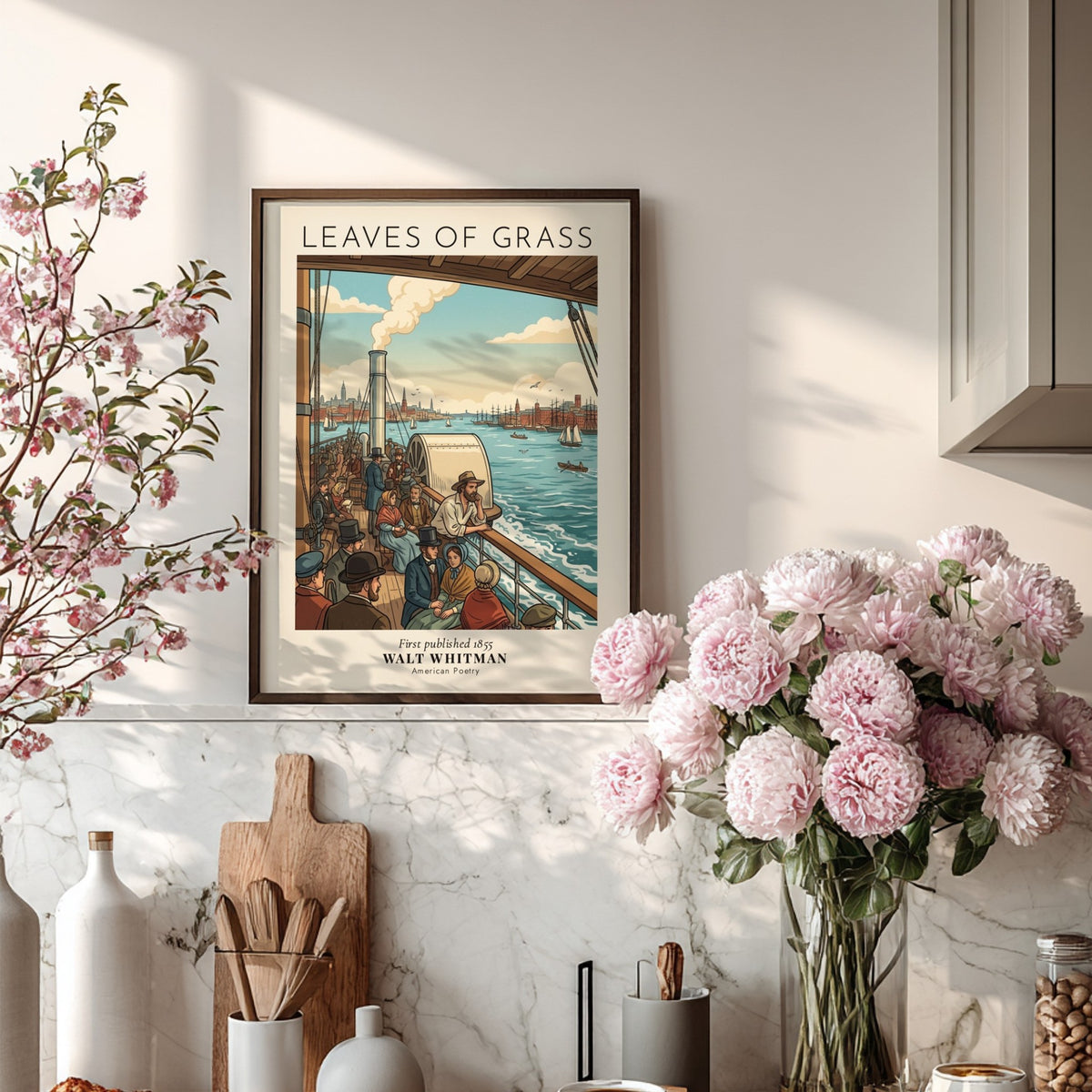 Poster featuring Walt Whitman Leaves of Grass text over a vintage harbor scene illustration.