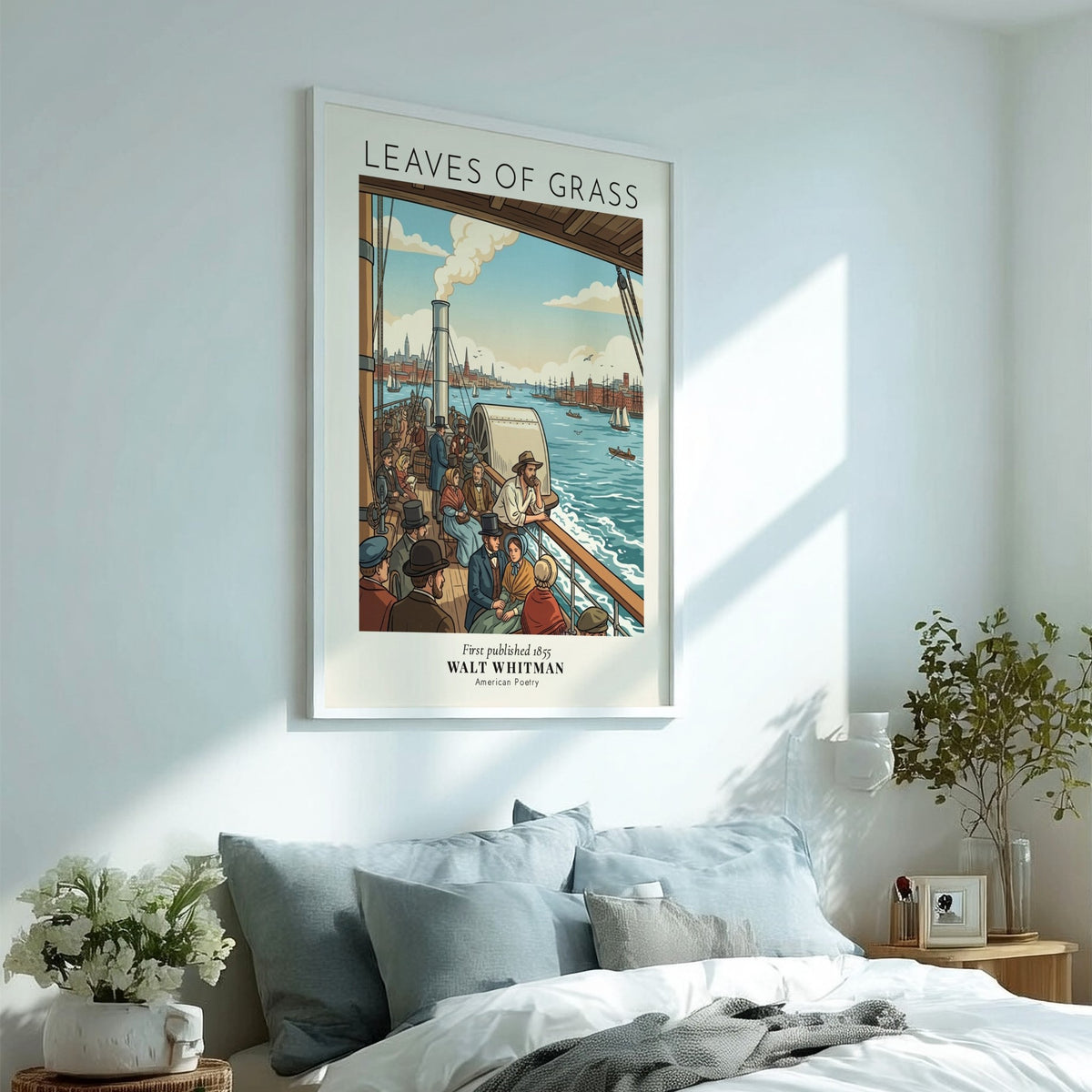 Poster featuring Walt Whitman Leaves of Grass text over a vintage harbor scene illustration.