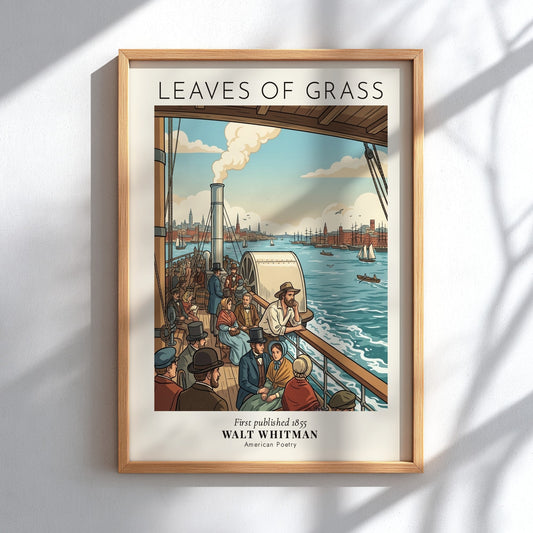 Poster featuring Walt Whitman Leaves of Grass text over a vintage harbor scene illustration.