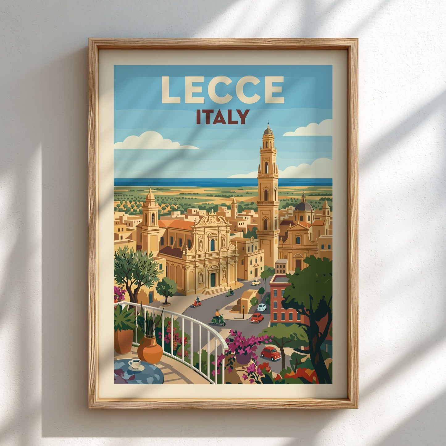 Lecce Italy travel poster with vintage illustration of Baroque architecture and bell tower.