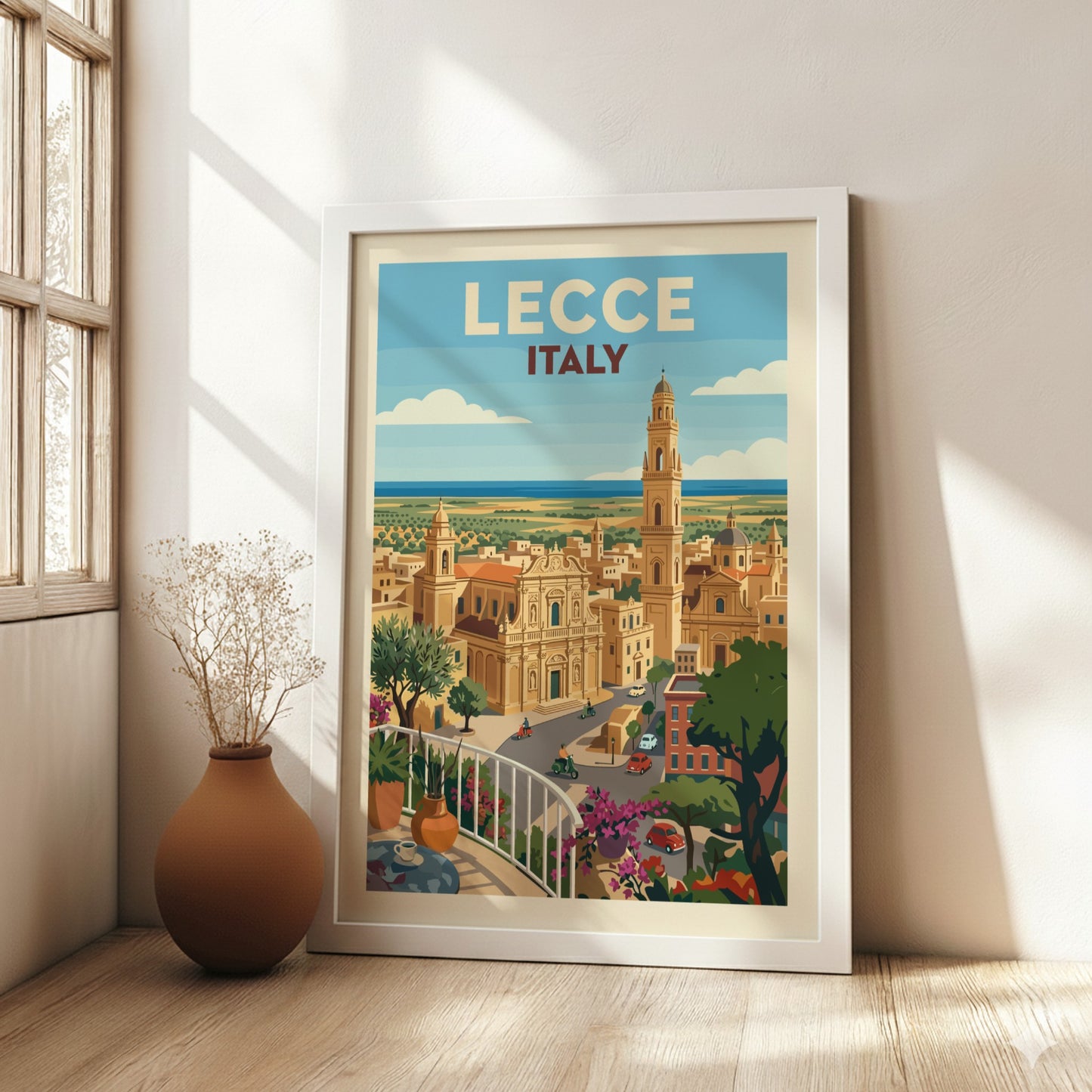 Lecce Italy travel poster with vintage illustration of Baroque architecture and bell tower.
