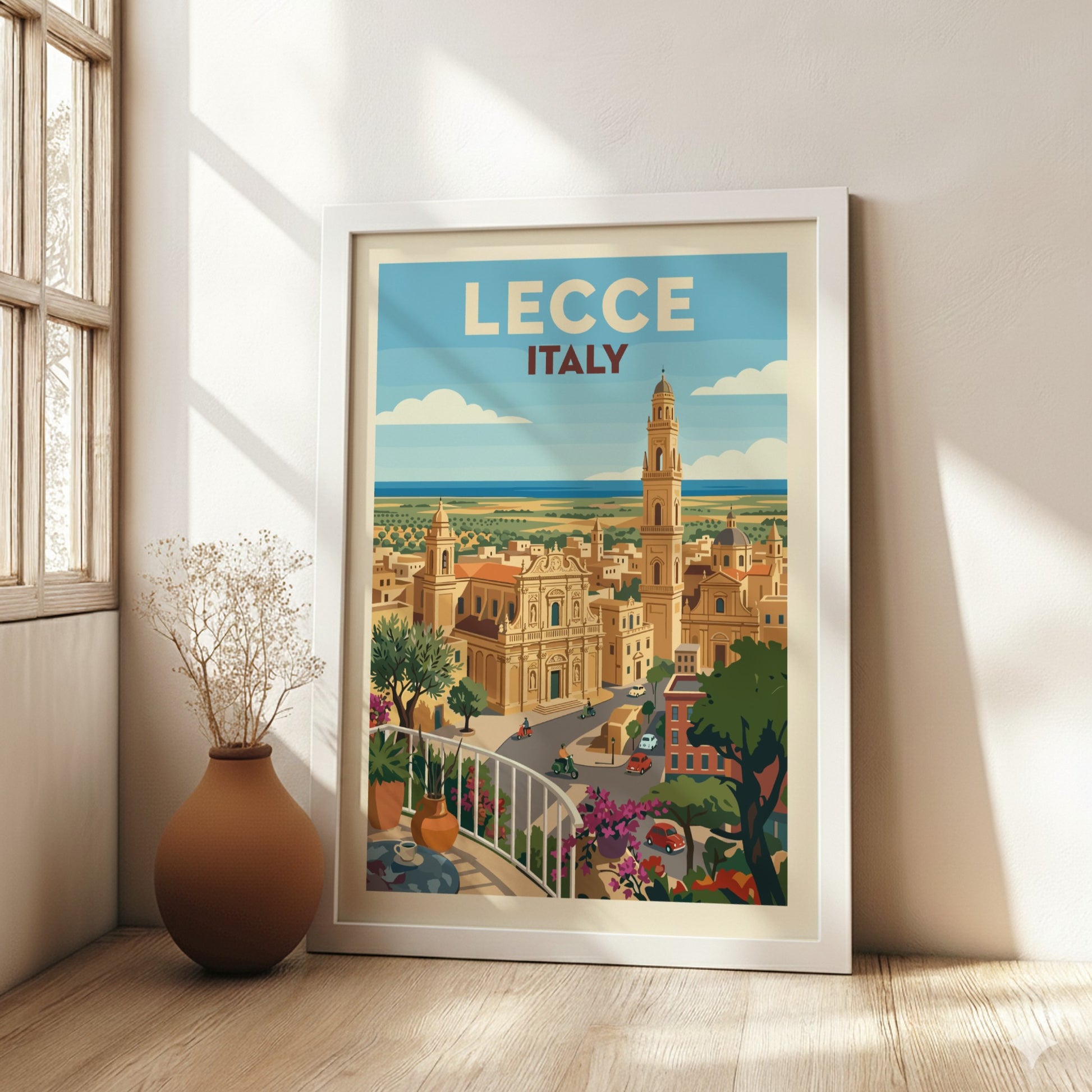 Lecce Italy travel poster with vintage illustration of Baroque architecture and bell tower.