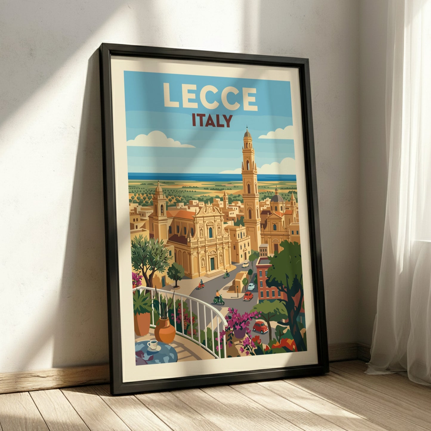 Lecce Italy travel poster with vintage illustration of Baroque architecture and bell tower.