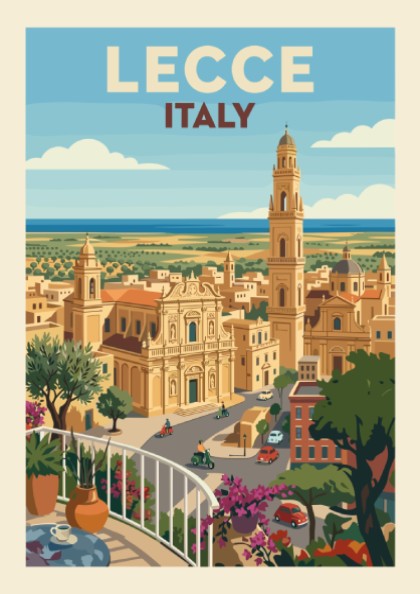 Lecce Italy travel poster with vintage illustration of Baroque architecture and bell tower.