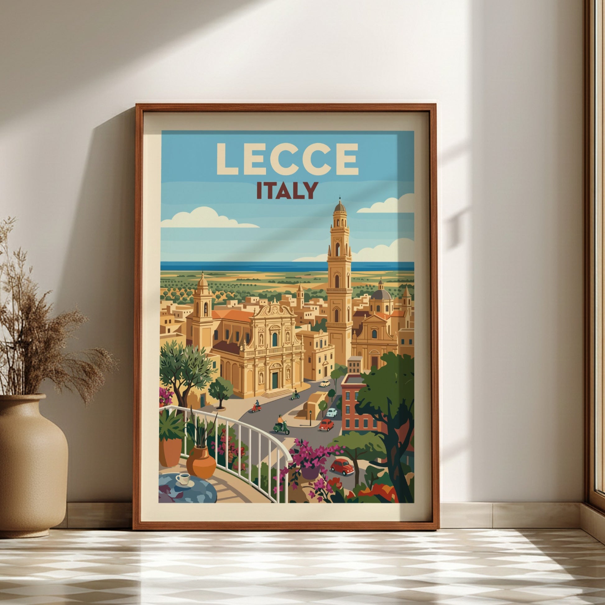 Lecce Italy travel poster with vintage illustration of Baroque architecture and bell tower.