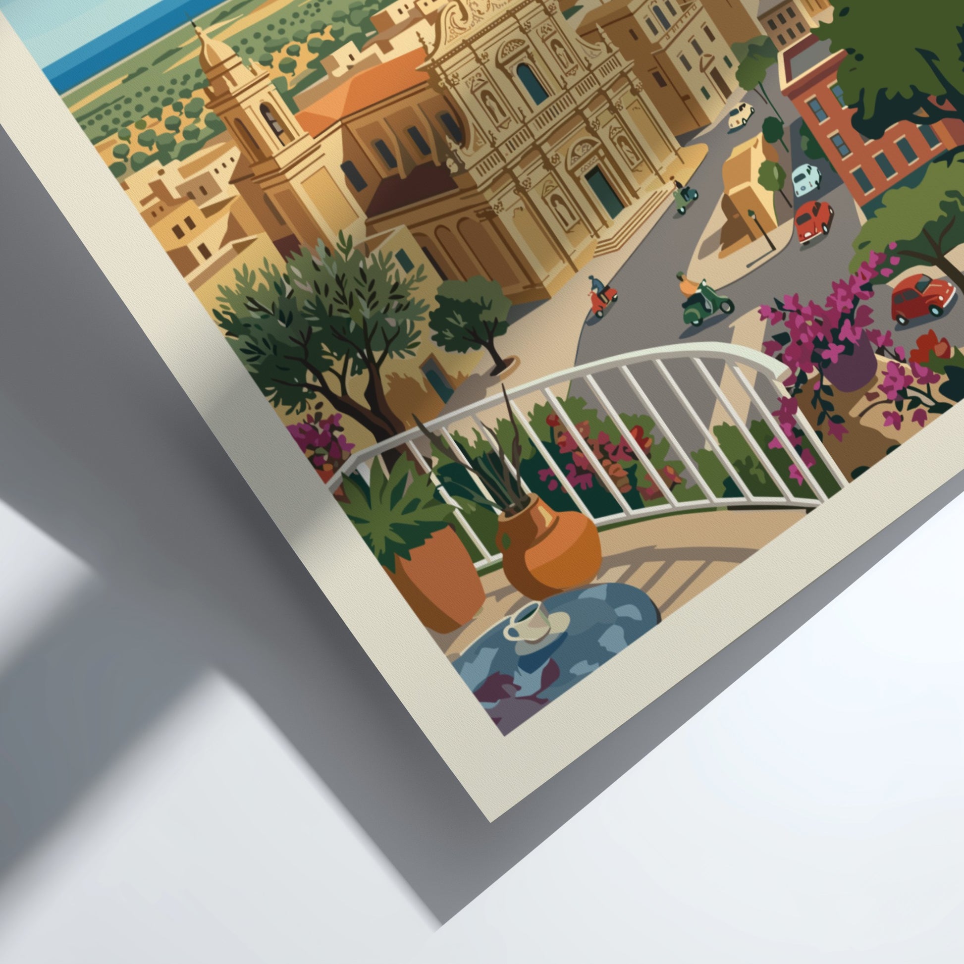 Lecce Italy travel poster with vintage illustration of Baroque architecture and bell tower.