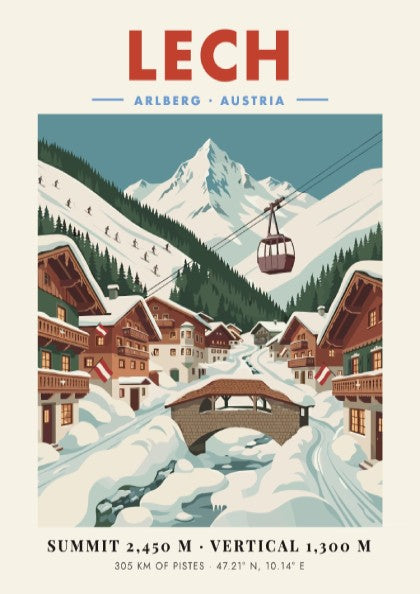 Lech ski resort poster featuring snowy mountains and chalets in a vintage style