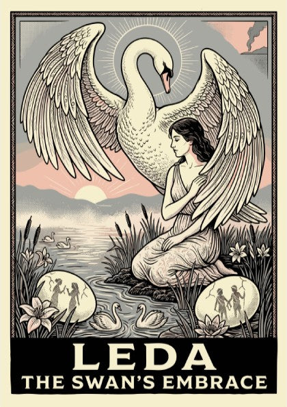 Leda and the Swan Greek mythology poster with a woman and swan by a lake, in a classical art style.
