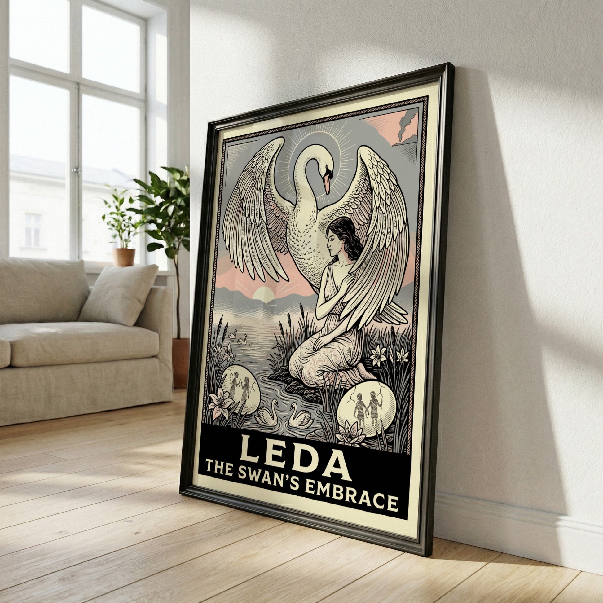 Leda and the Swan Greek mythology poster with a woman and swan by a lake, in a classical art style.