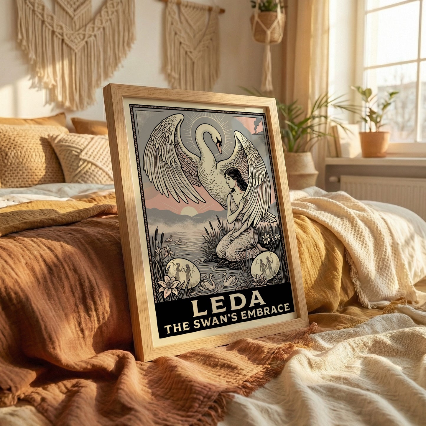 Leda and the Swan Greek mythology poster with a woman and swan by a lake, in a classical art style.