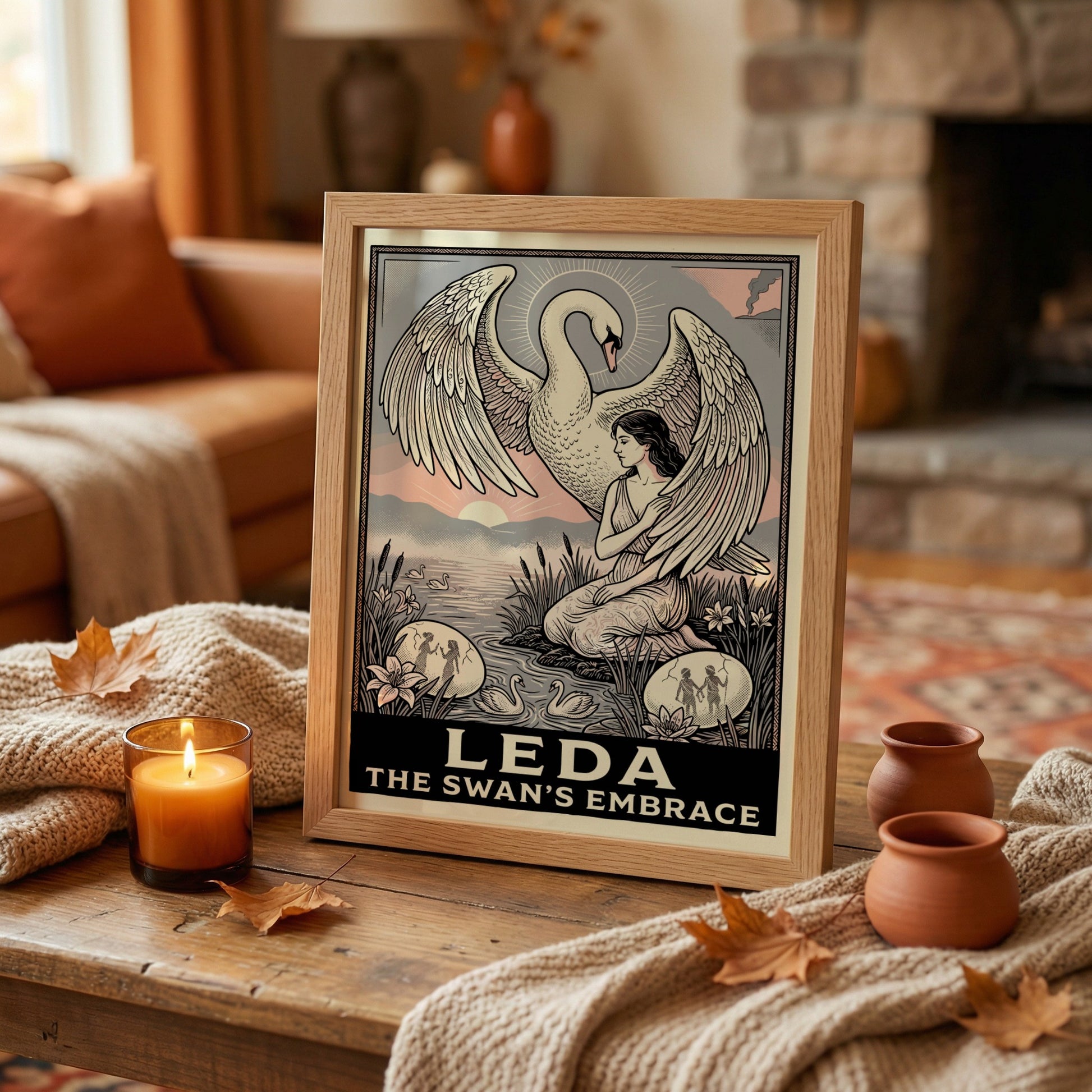 Leda and the Swan Greek mythology poster with a woman and swan by a lake, in a classical art style.