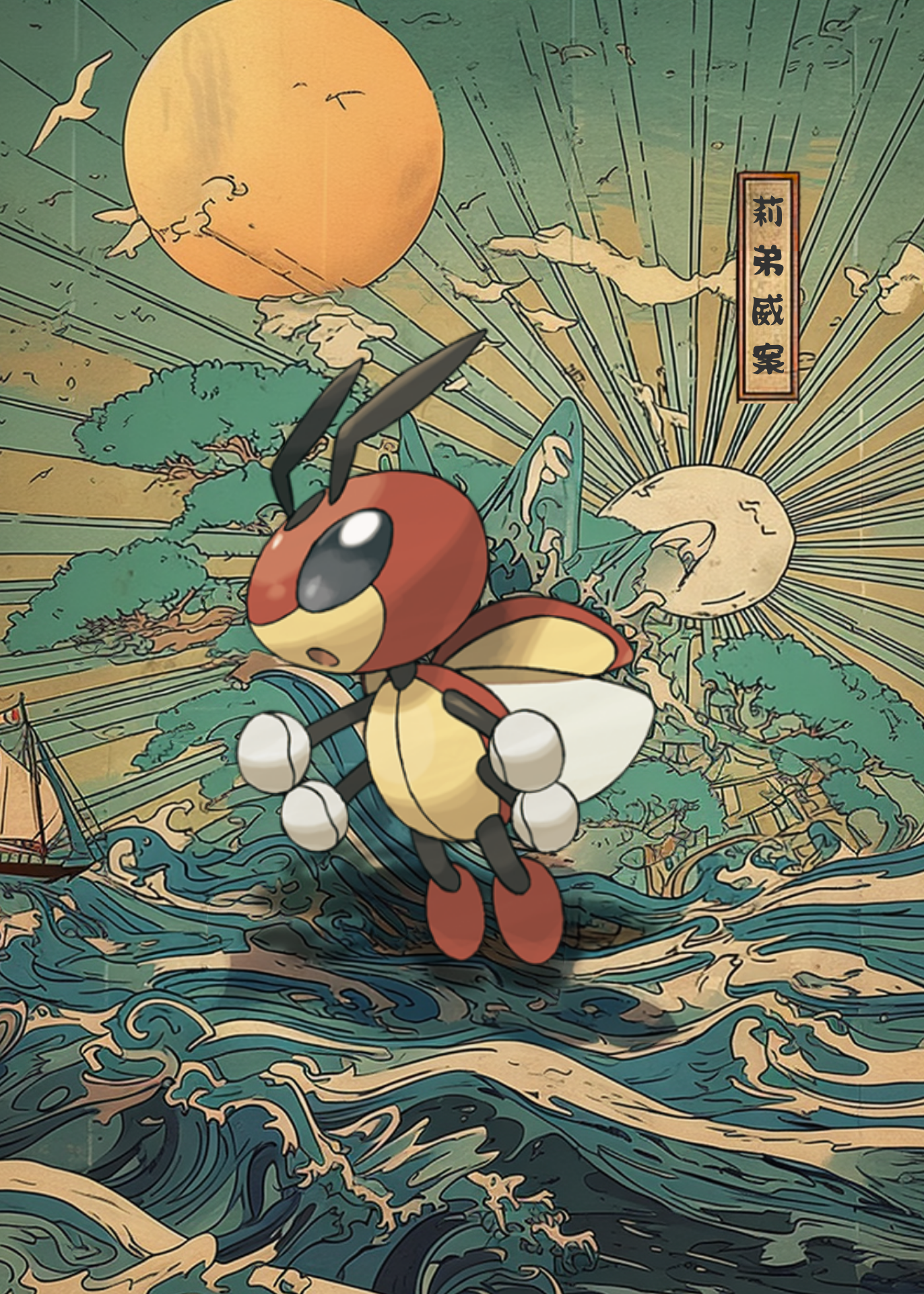 Ledian Pokemon in a stylized, animated landscape with waves and sun.