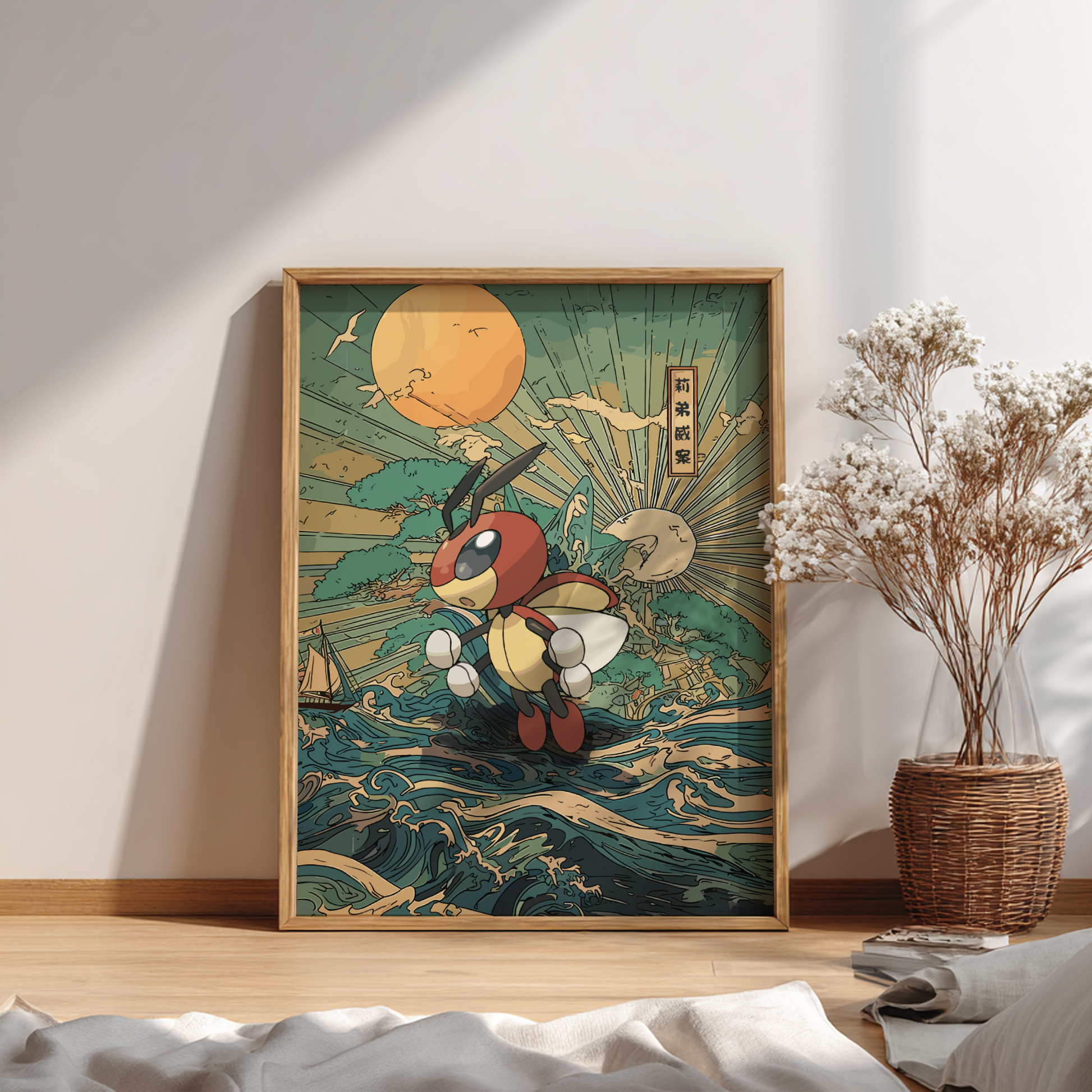 Framed artwork of a Ledian Pokemon character with a Japanese-style background on a wall.