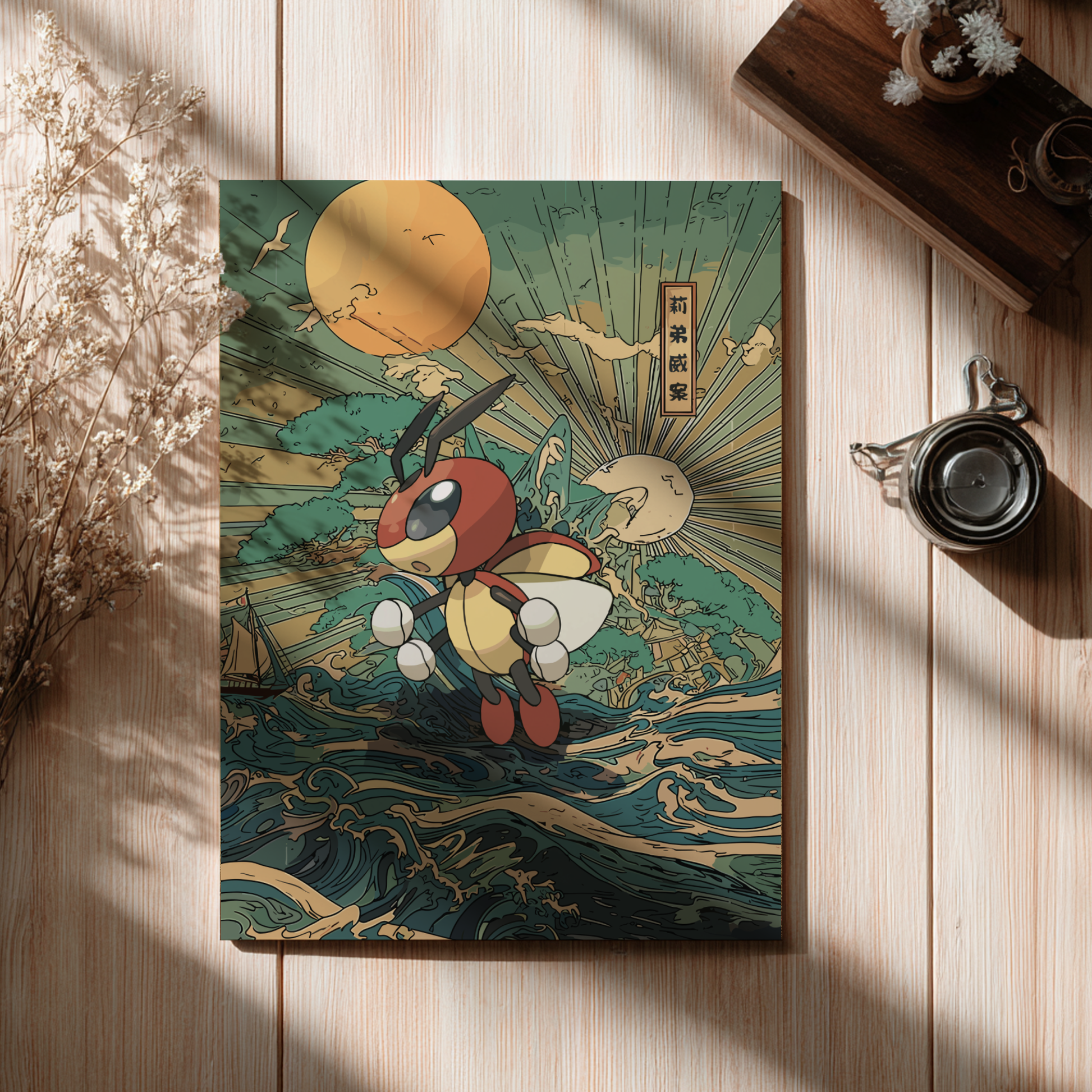 Poster with a Ledian Pokemon design on a wooden surface