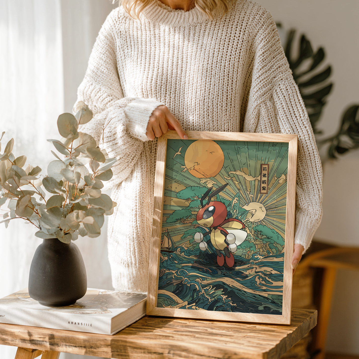 Person holding a framed artwork of Ledian Pokemon with a stylized background