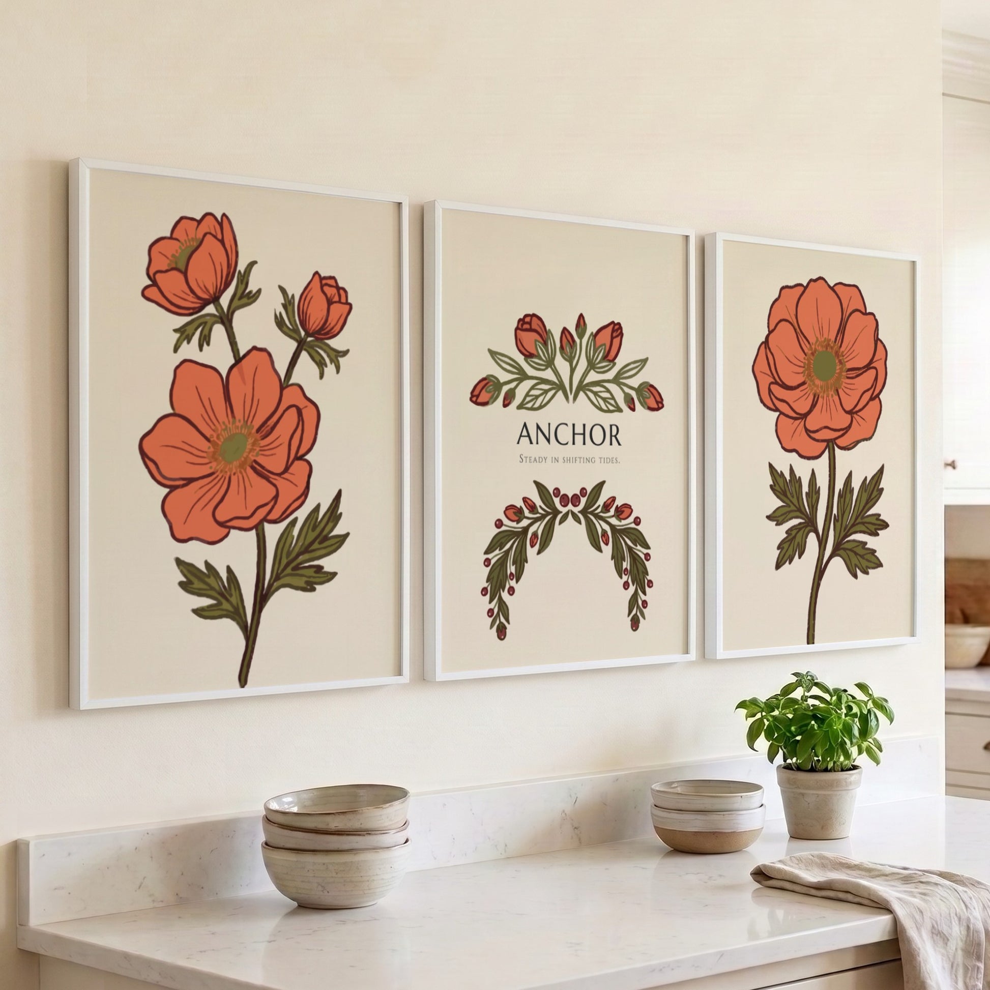 Poster set featuring orange anemone flowers and Anchor text on warm cream background