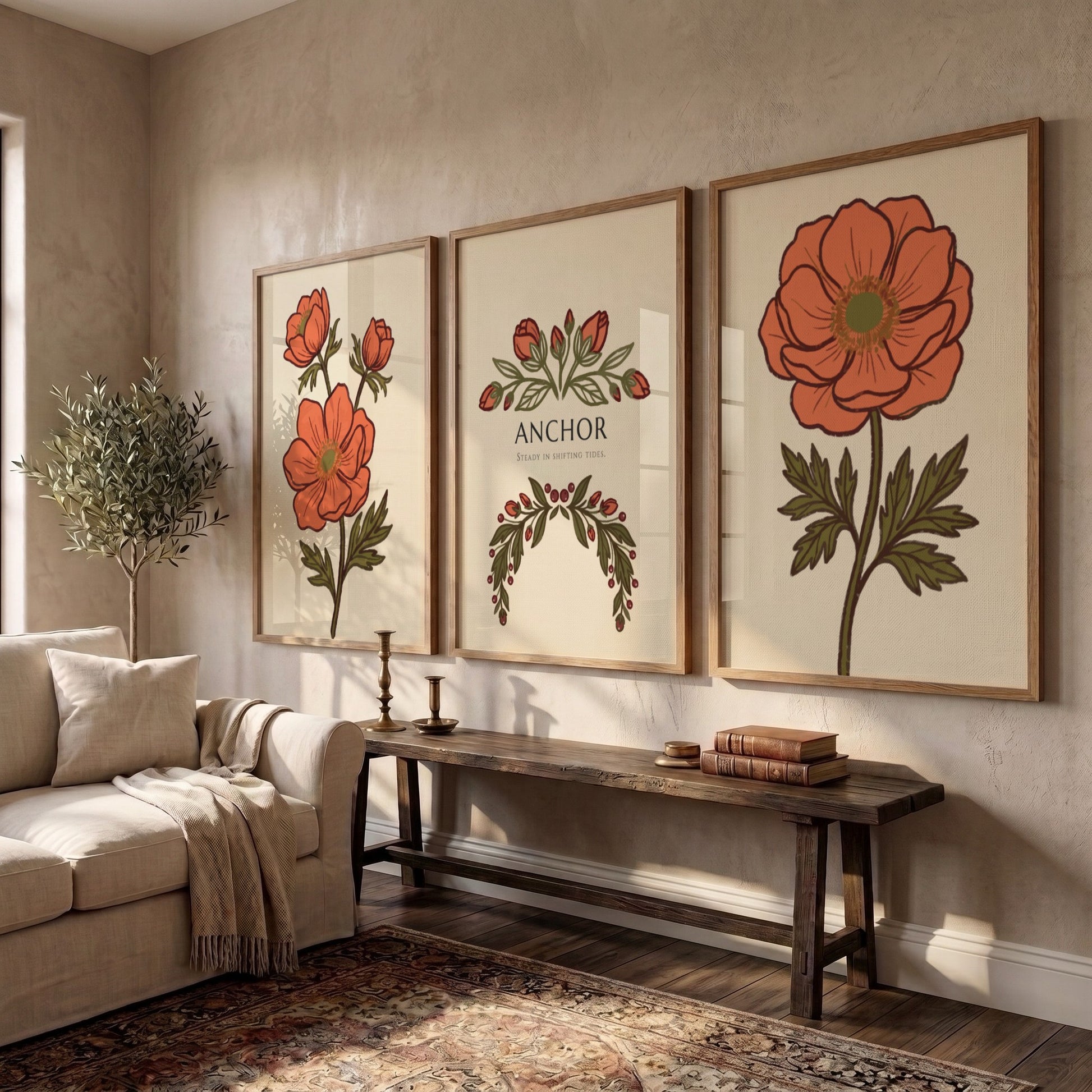 Poster set featuring orange anemone flowers and Anchor text on warm cream background