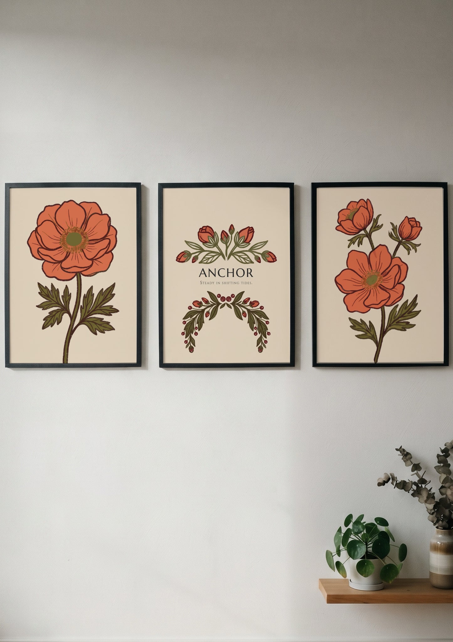 Poster set featuring orange anemone flowers and Anchor text on warm cream background