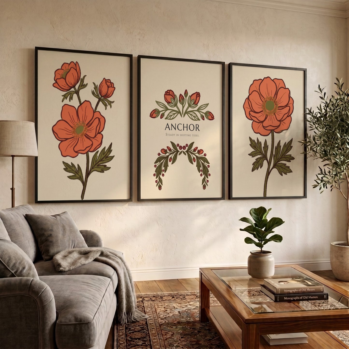 Poster set featuring orange anemone flowers and Anchor text on warm cream background