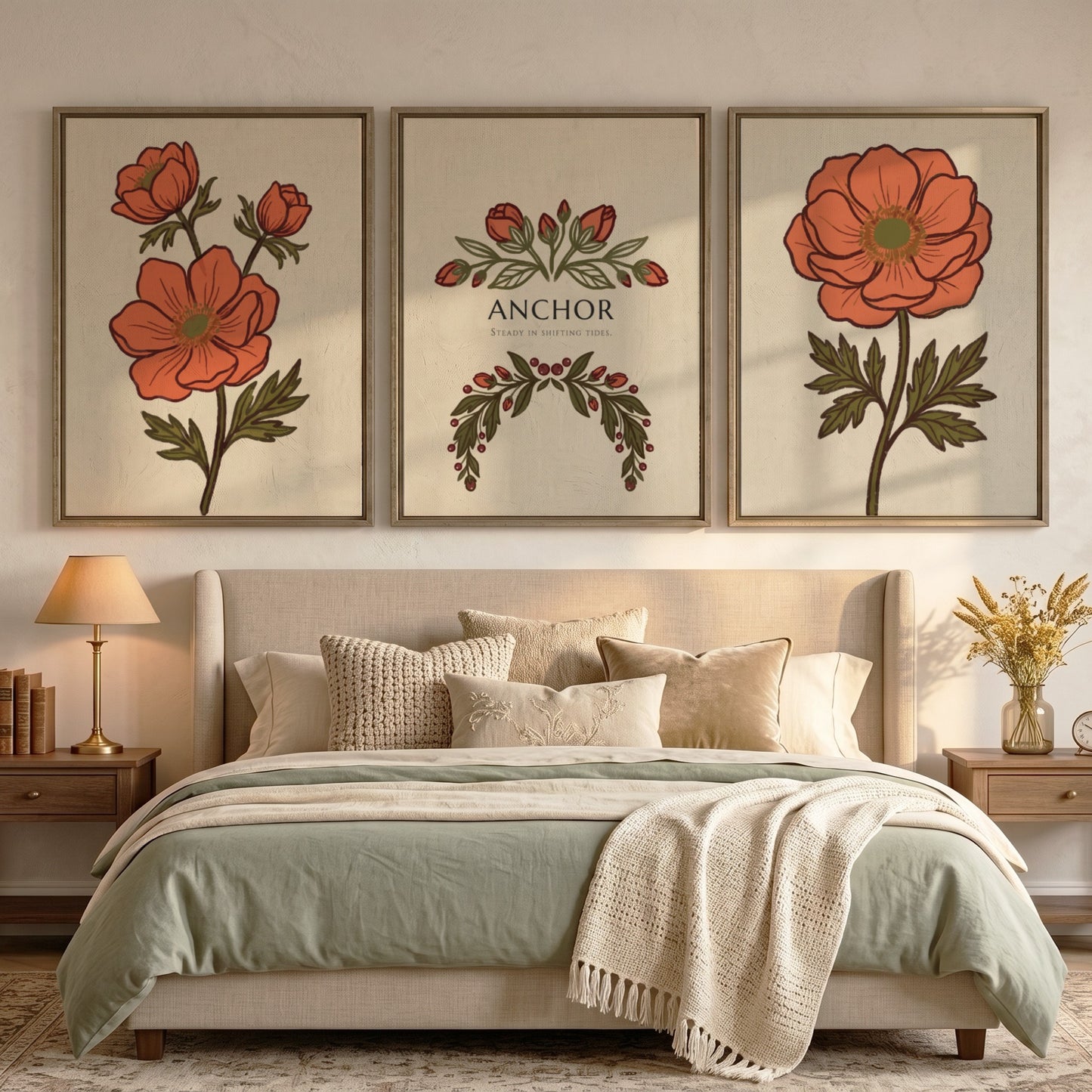 Poster set featuring orange anemone flowers and Anchor text on warm cream background